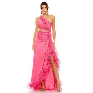 Mac Duggal One Shoulder Feather High Slit Dress Size 6 NWT